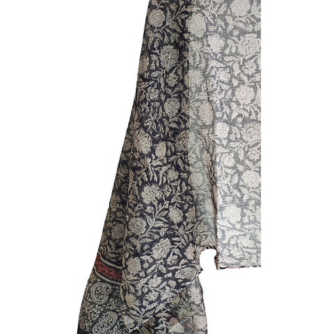 India Scarves Bagru Hand Block Floral kota Doria silk cotton Dupatta (Black)