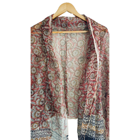 India Scarves Bagru Hand Block Floral kota Doria silk cotton Dupatta (Maroon)