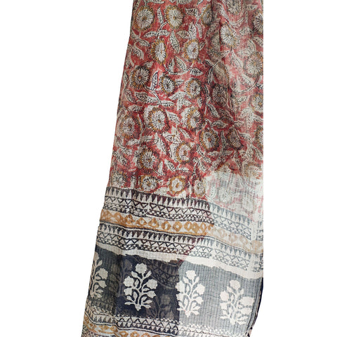 India Scarves Bagru Hand Block Floral kota Doria silk cotton Dupatta (Maroon)