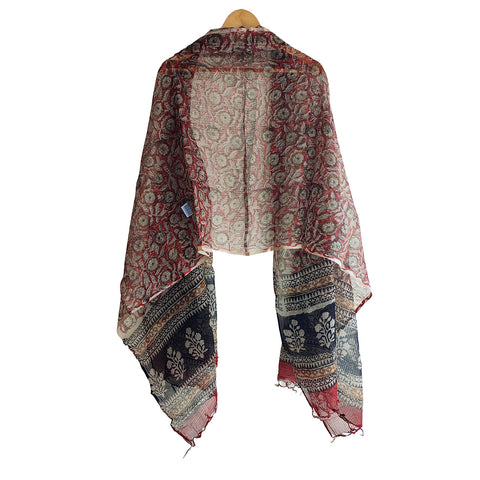 India Scarves Bagru Hand Block Floral kota Doria silk cotton Dupatta (Maroon)