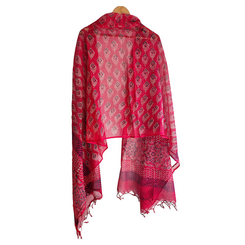 India Scarves Bagru Hand Block Floral kota Doria silk cotton Dupatta (Red)