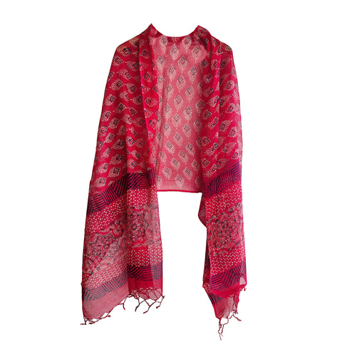 India Scarves Bagru Hand Block Floral kota Doria silk cotton Dupatta (Red)