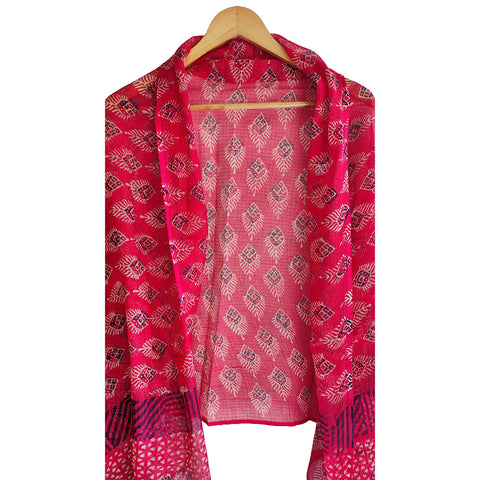 India Scarves Bagru Hand Block Floral kota Doria silk cotton Dupatta (Red)