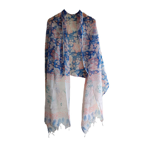 India Scarves Bagru Hand Block Floral kota Doria silk cotton Dupatta (Light Blue)