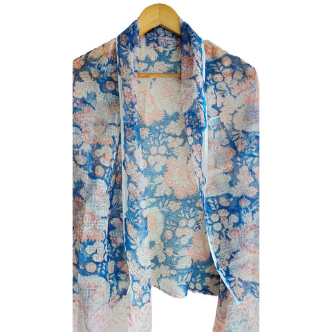 India Scarves Bagru Hand Block Floral kota Doria silk cotton Dupatta (Light Blue)