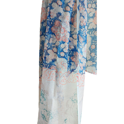 India Scarves Bagru Hand Block Floral kota Doria silk cotton Dupatta (Light Blue)