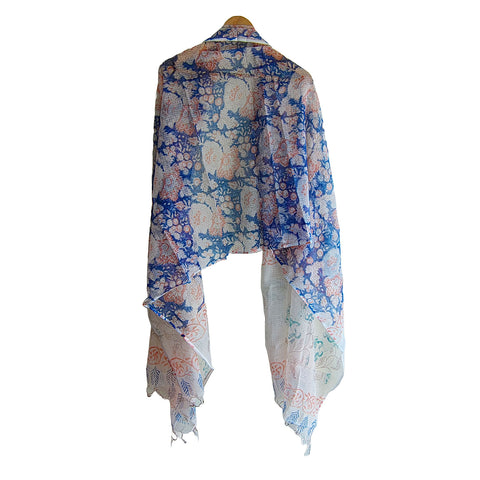 India Scarves Bagru Hand Block Floral kota Doria silk cotton Dupatta (Light Blue)