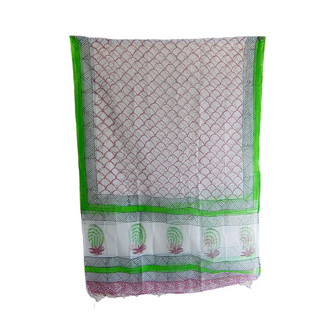 India Scarves Bagru Hand Block Floral kota Doria silk cotton Dupatta(Light Green And White)