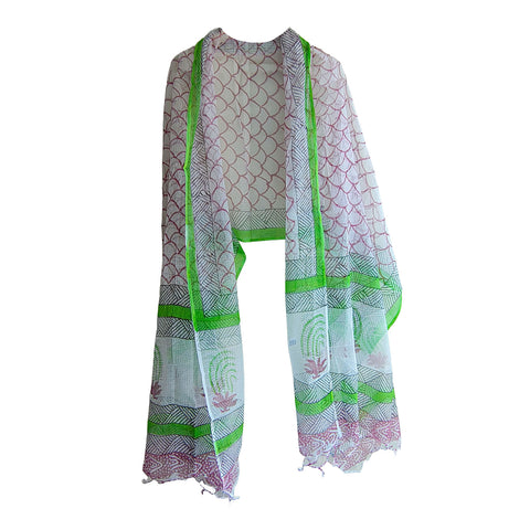 India Scarves Bagru Hand Block Floral kota Doria silk cotton Dupatta(Light Green And White)