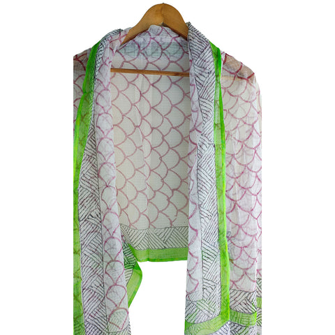 India Scarves Bagru Hand Block Floral kota Doria silk cotton Dupatta(Light Green And White)