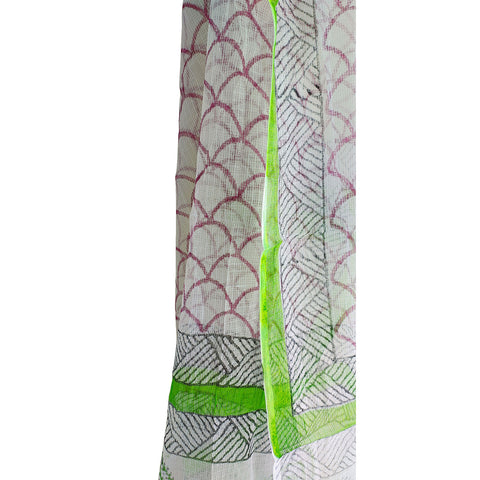 India Scarves Bagru Hand Block Floral kota Doria silk cotton Dupatta(Light Green And White)