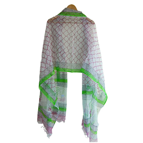 India Scarves Bagru Hand Block Floral kota Doria silk cotton Dupatta(Light Green And White)