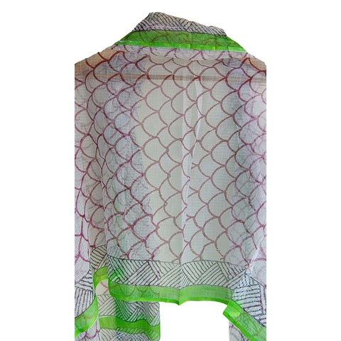 India Scarves Bagru Hand Block Floral kota Doria silk cotton Dupatta(Light Green And White)