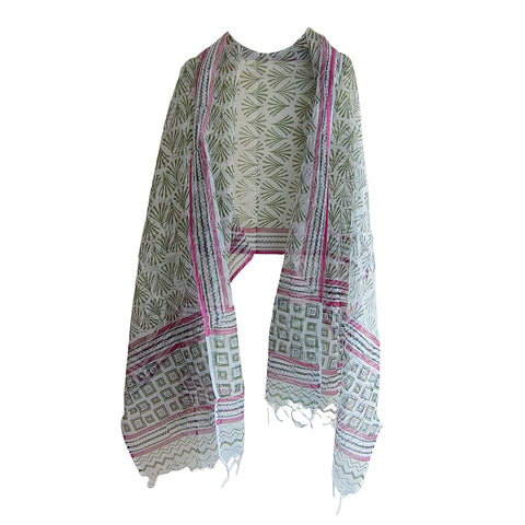 India Scarves Bagru Hand Block Floral kota Doria silk cotton Dupatta(Green )