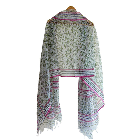 India Scarves Bagru Hand Block Floral kota Doria silk cotton Dupatta(Green )