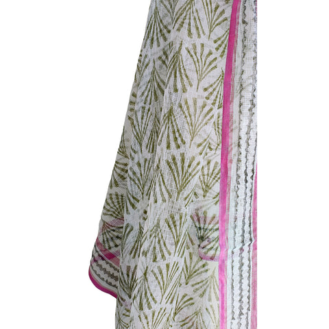 India Scarves Bagru Hand Block Floral kota Doria silk cotton Dupatta(Green )