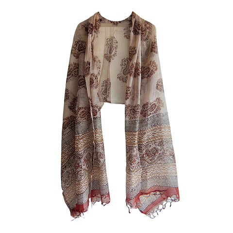 India Scarves Bagru Hand Block Floral kota Doria silk cotton Dupatta(Beige Color)