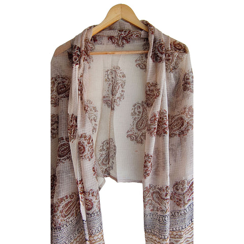 India Scarves Bagru Hand Block Floral kota Doria silk cotton Dupatta(Beige Color)
