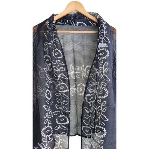 India Scarves Bagru Hand Block Floral kota Doria silk cotton Dupatta(Black Color)