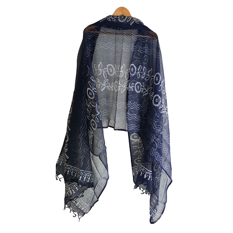 India Scarves Bagru Hand Block Floral kota Doria silk cotton Dupatta(Black Color)