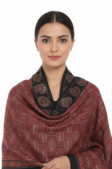 Maroon Ajrakh Hand Block Print Cotton Scarf | Traditional Geometric Print | 120×105 cm
