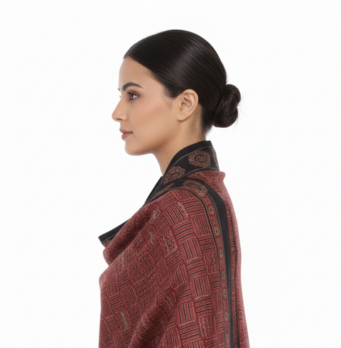 Maroon Ajrakh Hand Block Print Cotton Scarf | Traditional Geometric Print | 120×105 cm
