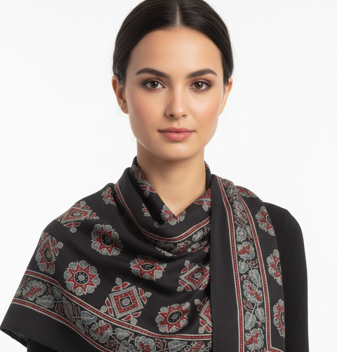 Black & White Ajrakh Hand Block Print Cotton Scarf | Traditional Geometric Print | 120×105 cm