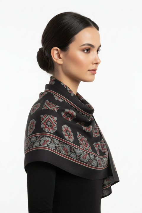 Black & White Ajrakh Hand Block Print Cotton Scarf | Traditional Geometric Print | 120×105 cm