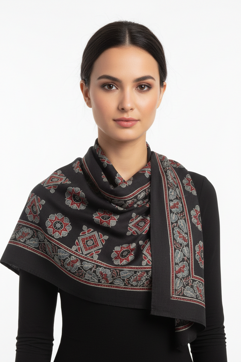 Black & White Ajrakh Hand Block Print Cotton Scarf | Traditional Geometric Print | 120×105 cm