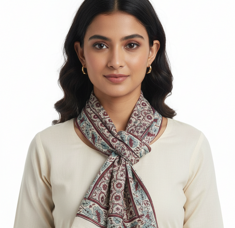 Ivory Ajrakh Hand Block Print Cotton Scarf | Traditional Geometric Print | 120×105 cm