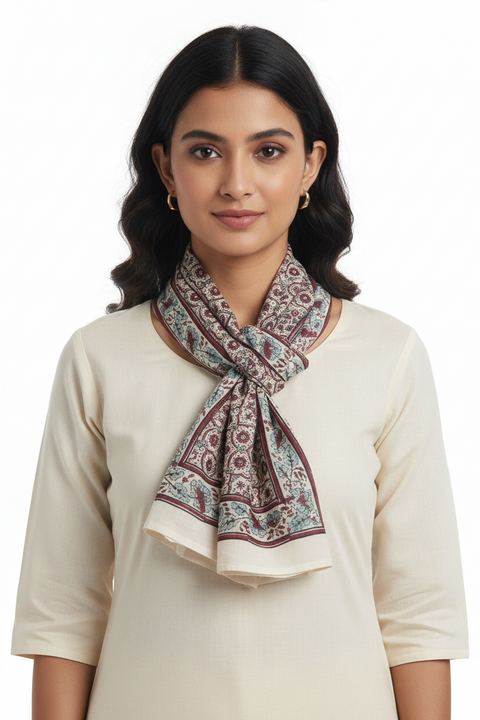 Ivory Ajrakh Hand Block Print Cotton Scarf | Traditional Geometric Print | 120×105 cm