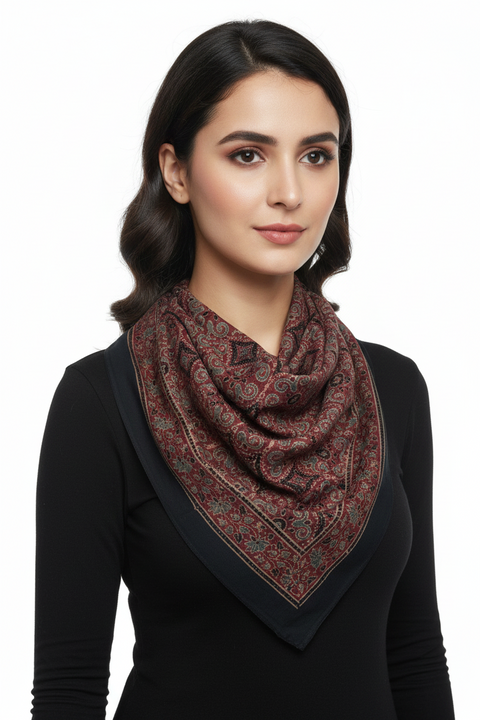 Charcoal & Cream Ajrakh Hand Block Print Cotton Scarf | Traditional Geometric Print | 120×105 cm