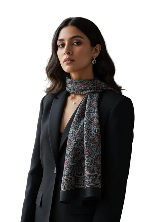 Dark & Cream Ajrakh Hand Block Print Cotton Scarf | Traditional Geometric Print | 120×105 cm
