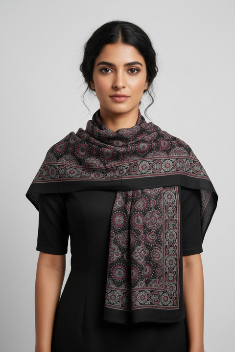 Black & Cream Ajrakh Hand Block Print Cotton Scarf | Floral Geometric Print | 120×105 cm
