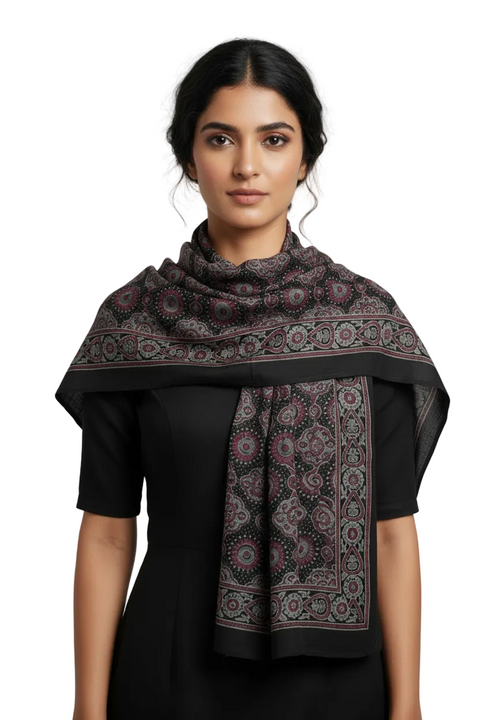 Black & Cream Ajrakh Hand Block Print Cotton Scarf | Floral Geometric Print | 120×105 cm