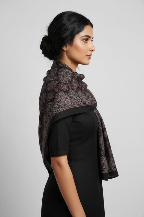 Black & Cream Ajrakh Hand Block Print Cotton Scarf | Floral Geometric Print | 120×105 cm