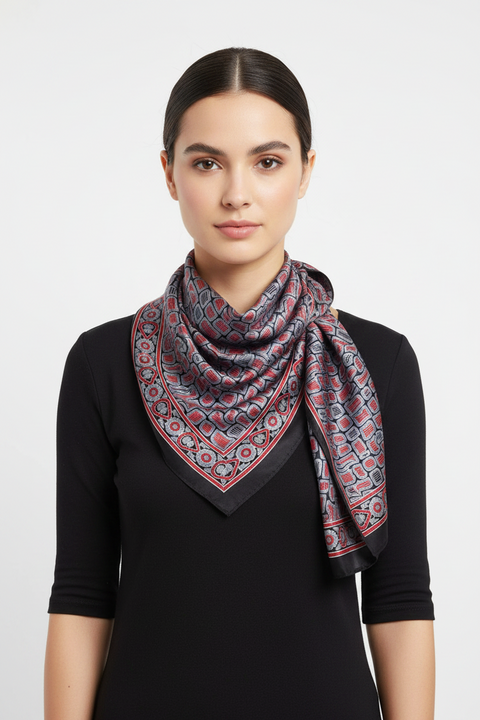 Black & Red Ajrakh Hand Block Print Cotton Scarf | Traditional Geometric Print | 120×105 cm