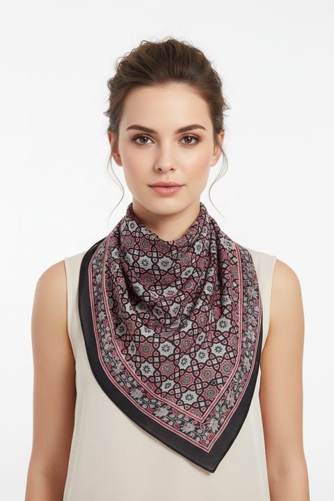 Black & Cream Ajrakh Hand Block Print Cotton Scarf | Traditional Geometric Print | 120×105 cm