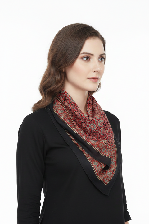 Red & Cream Ajrakh Hand Block Print Cotton Scarf | Traditional Geometric Print | 120×105 cm