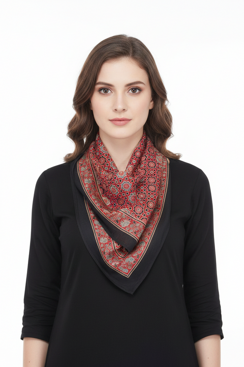 Red & Cream Ajrakh Hand Block Print Cotton Scarf | Traditional Geometric Print | 120×105 cm