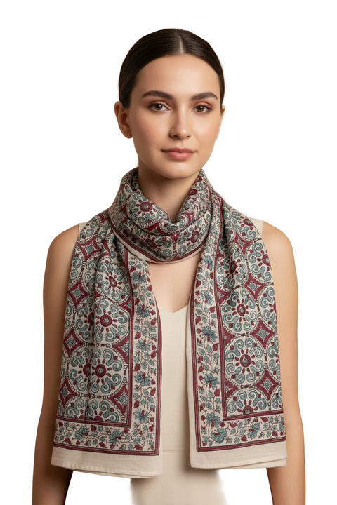 Ivory & Cream Ajrakh Hand Block Print Cotton Scarf | Traditional Geometric Print | 120×105 cm