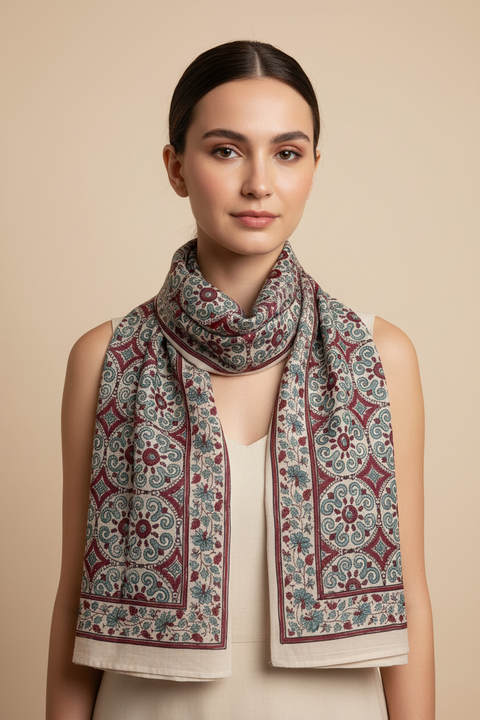 Ivory & Cream Ajrakh Hand Block Print Cotton Scarf | Traditional Geometric Print | 120×105 cm