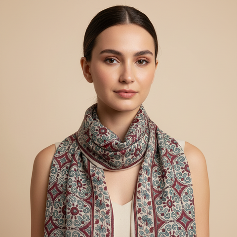 Ivory & Cream Ajrakh Hand Block Print Cotton Scarf | Traditional Geometric Print | 120×105 cm