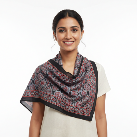 Navy & Cream Ajrakh Hand Block Print Cotton Scarf | Traditional Geometric Print | 120×105 cm