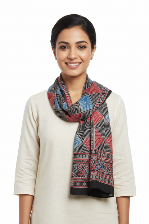 Black Blue & Red Ajrakh Hand Block Print Cotton Scarf | Traditional Geometric Print | 120×105 cm