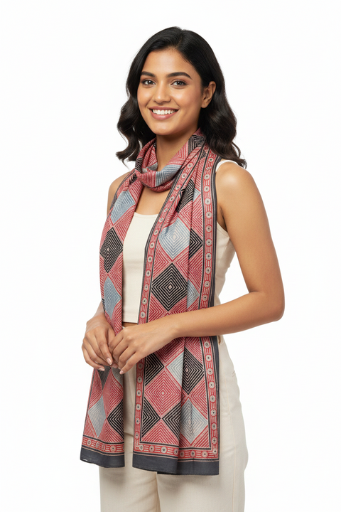 Black Blue & Red Ajrakh Hand Block Print Cotton Scarf | Patchwork Geometric Print | 120×105 cm
