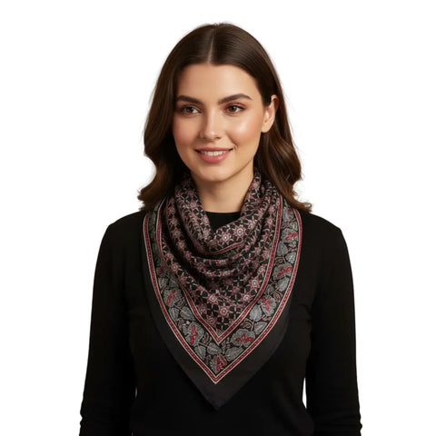 Black & Maroon Ajrakh Hand Block Print Cotton Scarf | Traditional Geometric Print | 120×105 cm