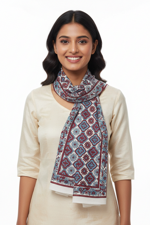 Maroon & Cream Ajrakh Hand Block Print Cotton Scarf | Traditional Geometric Print | 120×105 cm