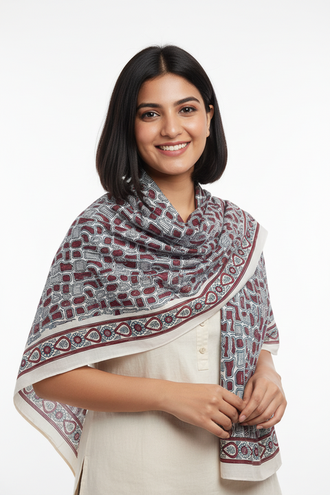 Cream & Maroon Ajrakh Hand Block Print Cotton Scarf | Traditional Geometric Print | 120×105 cm