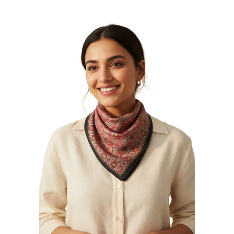 Cream & Red Ajrakh Hand Block Print Cotton Scarf | Traditional Geometric Print | 120×105 cm